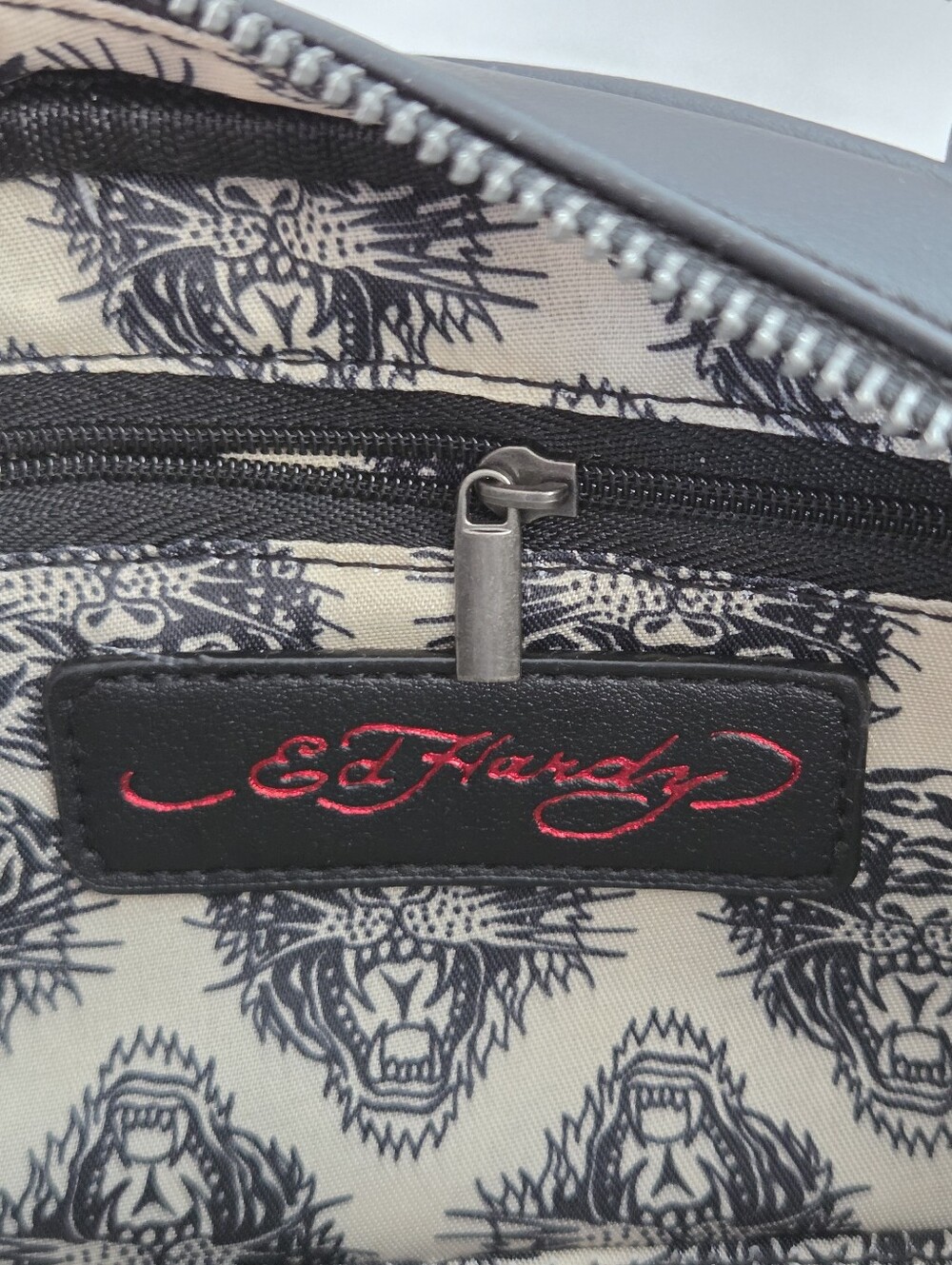 Ed Hardy Tiger Rose Tattoo Black Vegan Leather Barrel Bag NWT Charms Edgy - Picture 10 of 16
